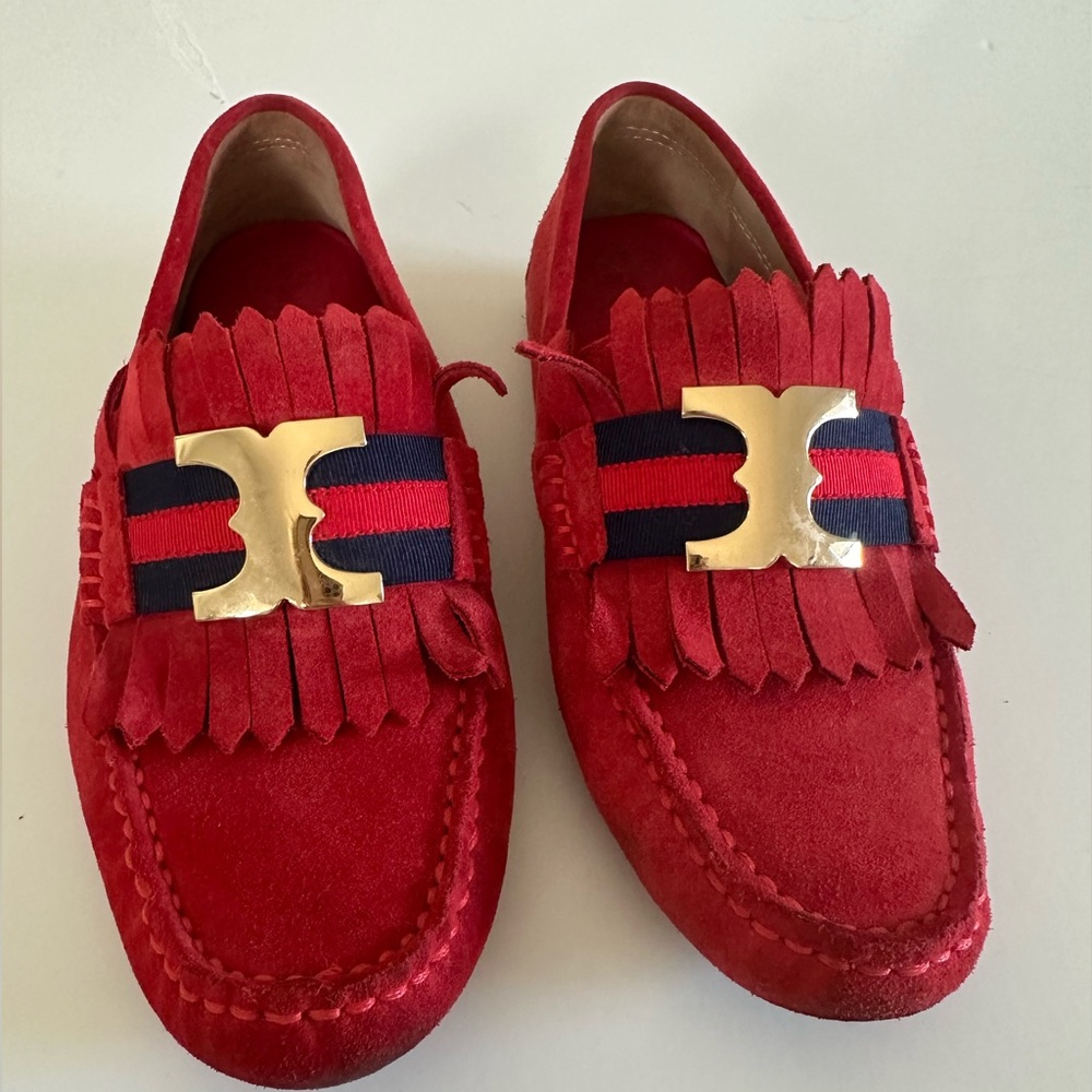 Tory Burch Gemini Red Suede Loafers